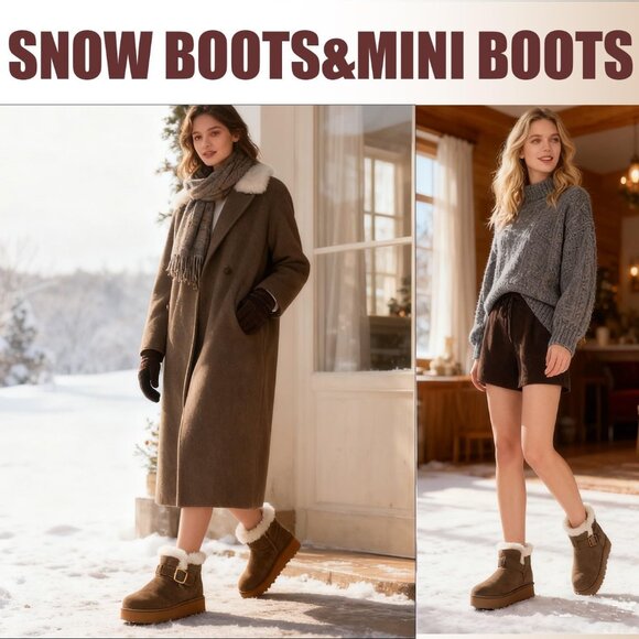 Women's Snow Winter Warm Hook Loop Dark Brown Ankle Faux Fur Lining Booties - Picture 5 of 6